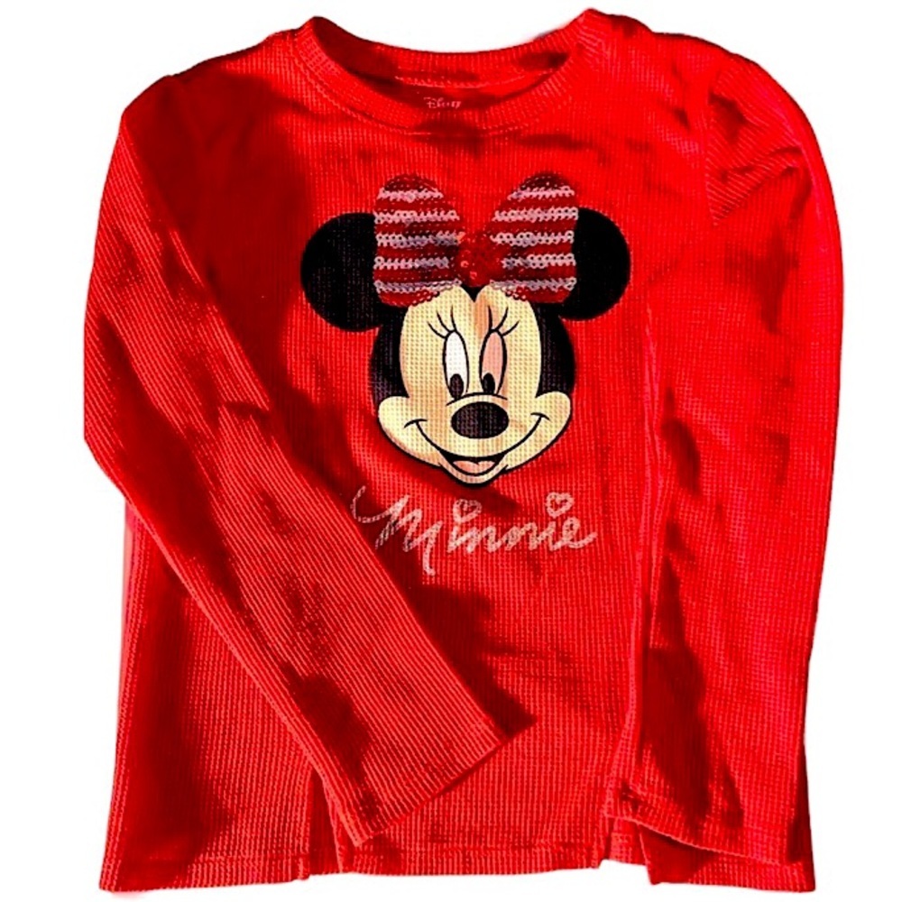 Disney Minnie Mouse Sequin Bow Long Sleeve Waffle Knit Tee Shirt Girls Size 6/6x